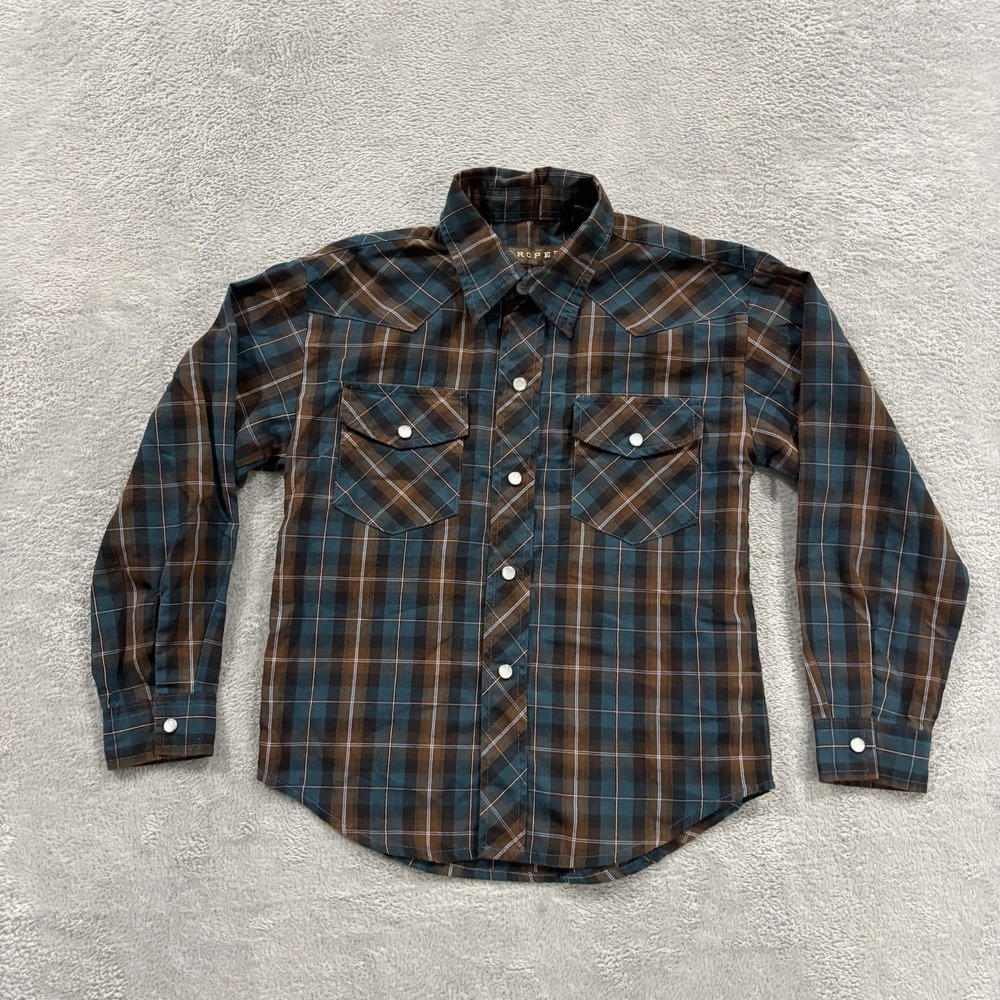 Roper Pearl Snap Shirt Boys' Small 6-7 Plaid Blue Long Sleeve Cowboy Western
